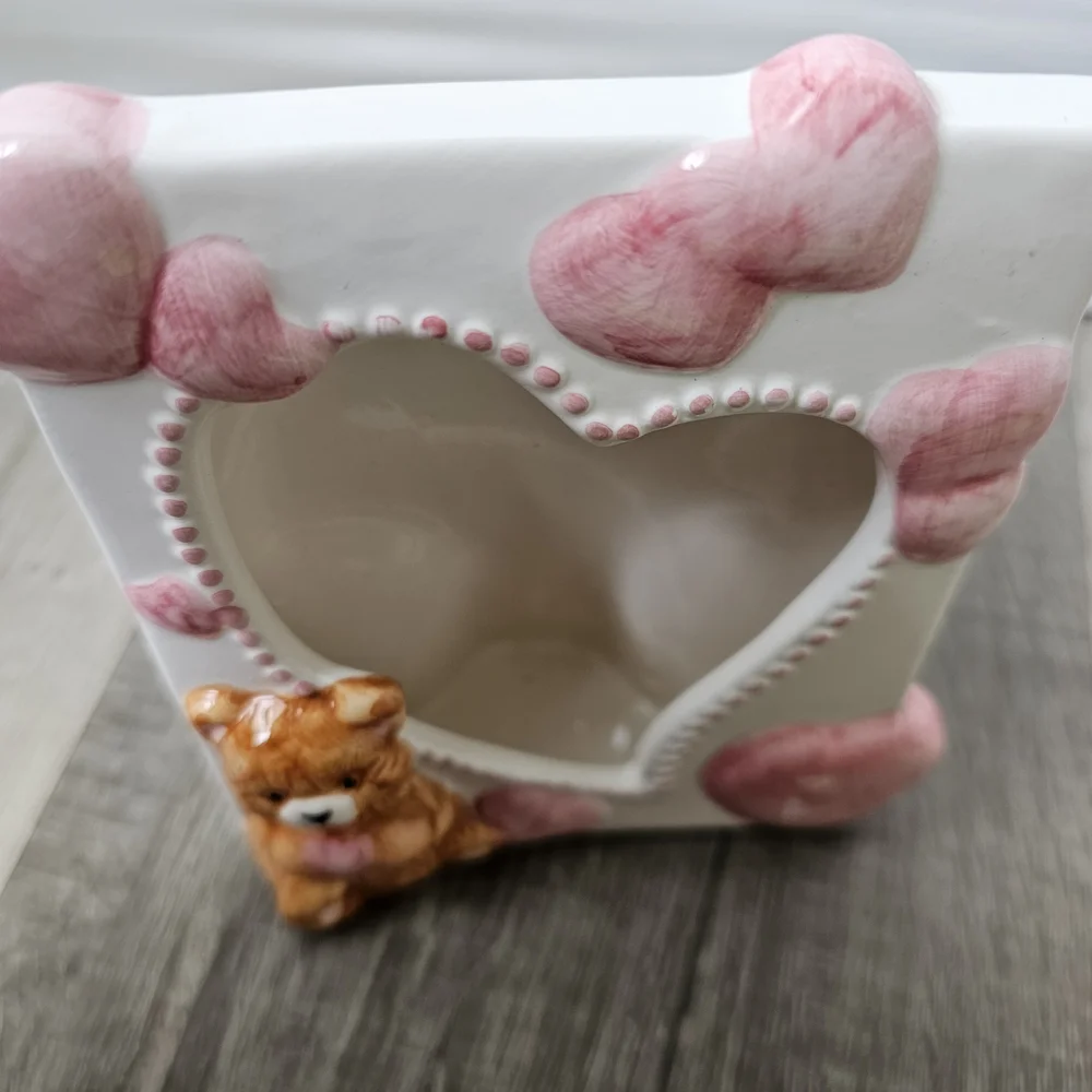 Ceramic Heart-Shaped Photo Frame with Pink Hearts and Teddy Accent